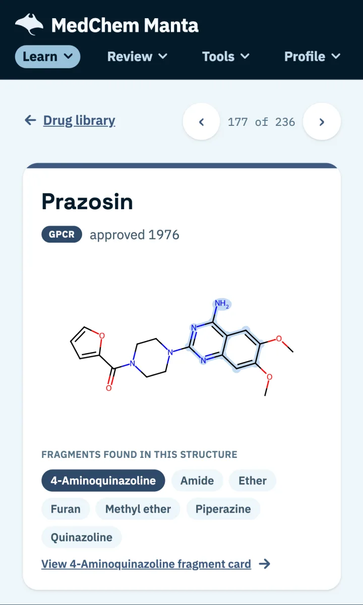 The app's prazosin drug card: GPCR, approved 1976, the structure with its 4-aminoquinazoline highlighted, and the fragments found in it.