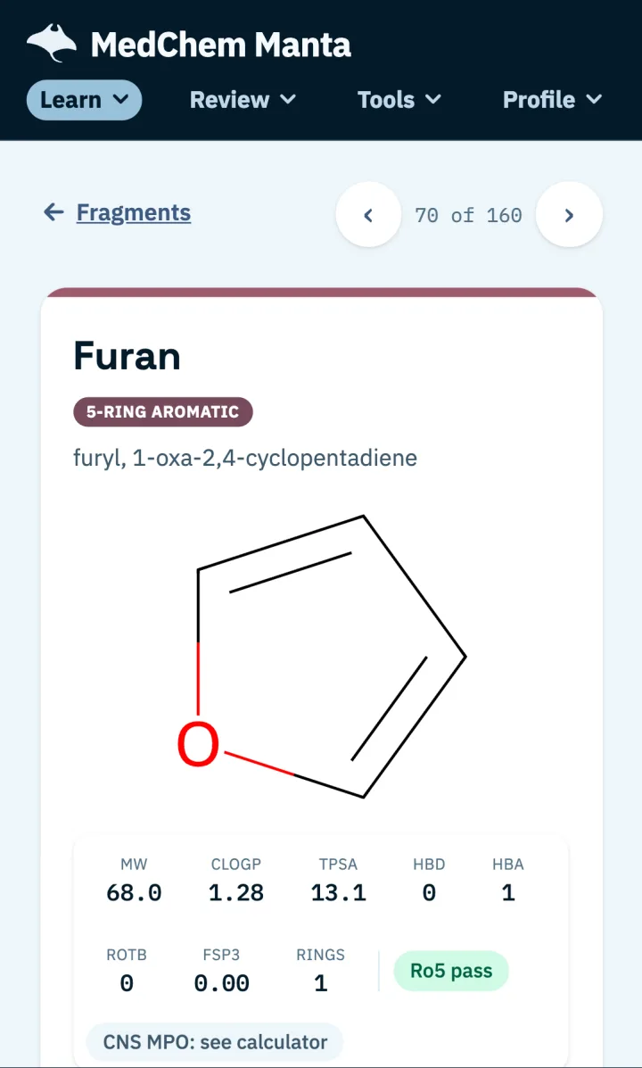 The app's furan fragment card: its 5-ring aromatic tag, the structure, and computed properties.